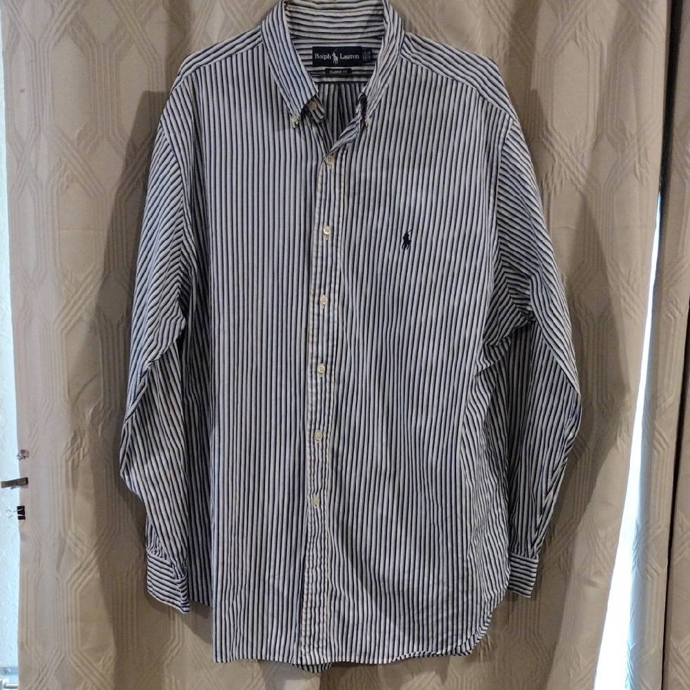 Ralph Lauren Men's Navy and White Striped Button Down Shirt 17 1/2
